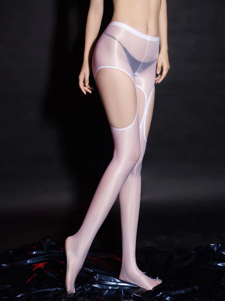 A woman wearing white glossy suspender pantyhose and panties.