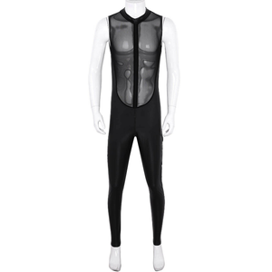 Front view of men's black bodysuit featuring a front and back mesh bodice, and a front to the crotch zipper closure.