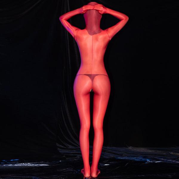 Back view of lady wearing a red glossy sheer long sleeves bodystocking with an open crotch, closed hand, and a pull over hood.