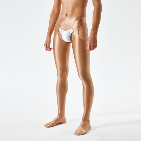 Front view of men wearing a khaki glossy suspender style pantyhose.