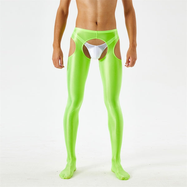 Front view of men wearing a fluorescent green glossy suspender style pantyhose.