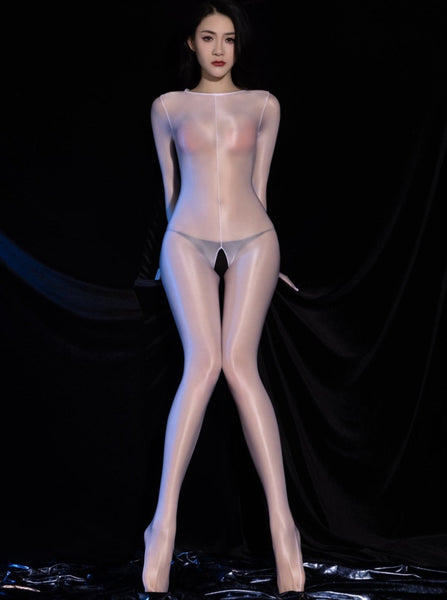 A women posing in a white glossy sheer bodystocking with long sleeves, closed hand design, attached over the head hood, and open crotch.