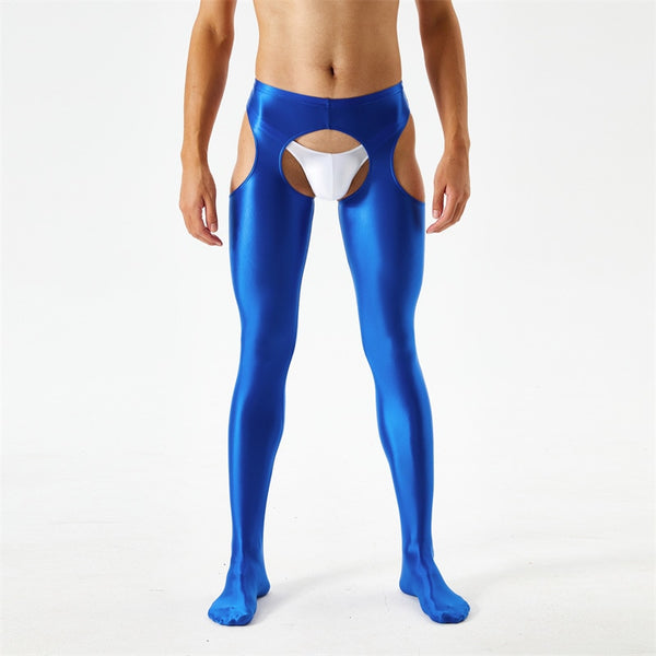 Front view of men wearing a blue glossy suspender style pantyhose.