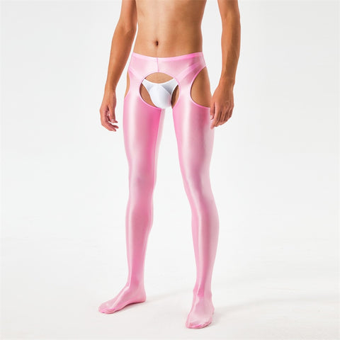 Front view of men wearing a pink glossy suspender style pantyhose.