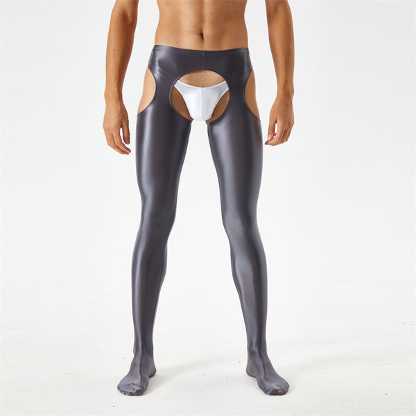 Front view of men wearing a gray glossy suspender style pantyhose.