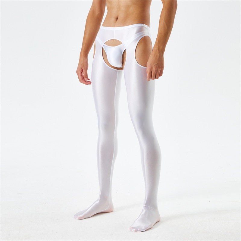 Front view of men wearing a white glossy suspender style pantyhose.