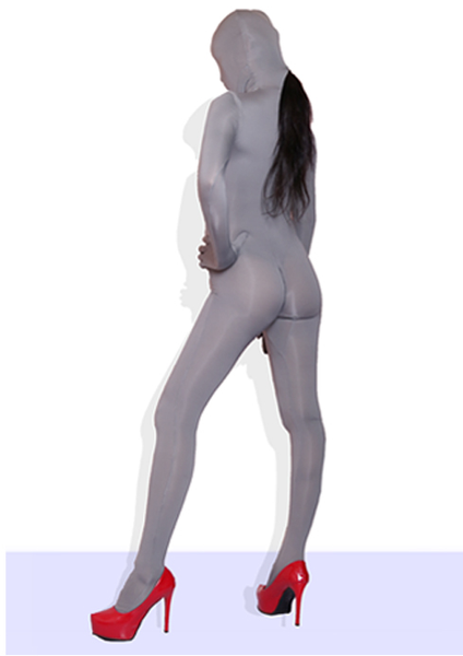  back view of lady wearing a grey color zentai suit or full body tights featuring back zipper closure and crotch zipper. 