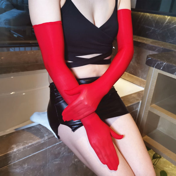 Red Shiny Seamless Pantyhose Above Elbow Gloves