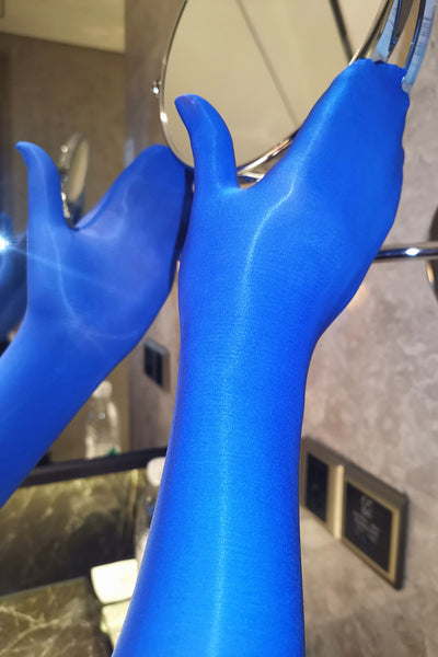 Blue Shiny Seamless Pantyhose Above Elbow Gloves