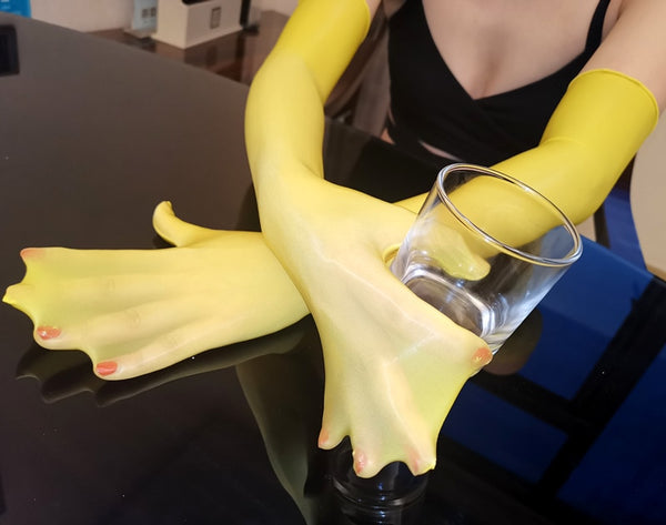 Yellow Shiny Seamless Pantyhose Above Elbow Gloves