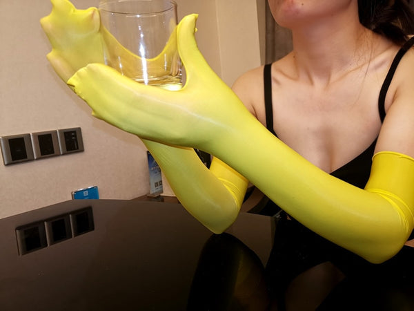 Yellow Shiny Seamless Pantyhose Above Elbow Gloves