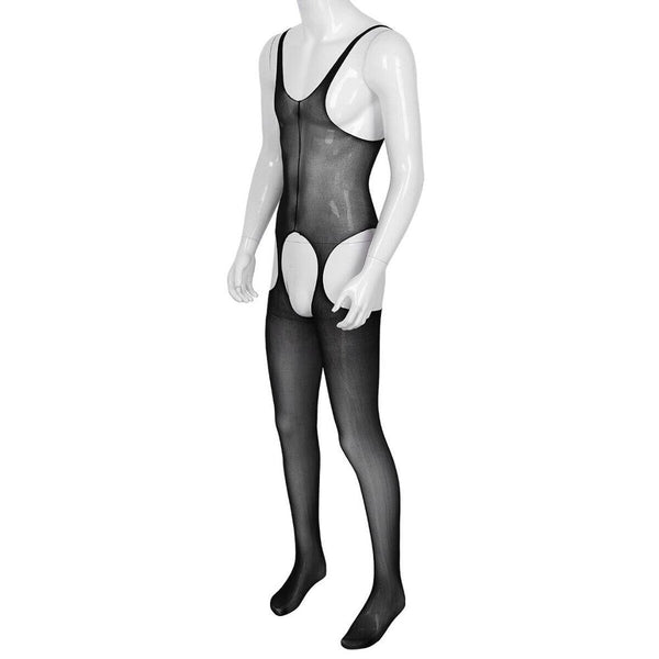 Black men specific suspender style bodystocking features an open crotch, mesh bodice and thigh high. 