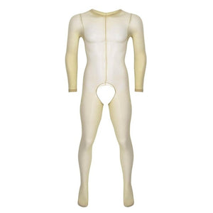 Nude men specific bodystocking features a scoop neckline, an open crotch, mesh bodice and long sleeves 