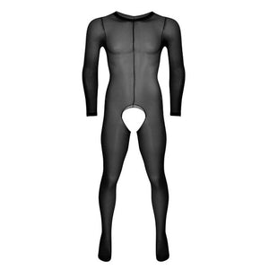 Black men specific bodystocking features a scoop neckline, an open crotch, mesh bodice and long sleeves 