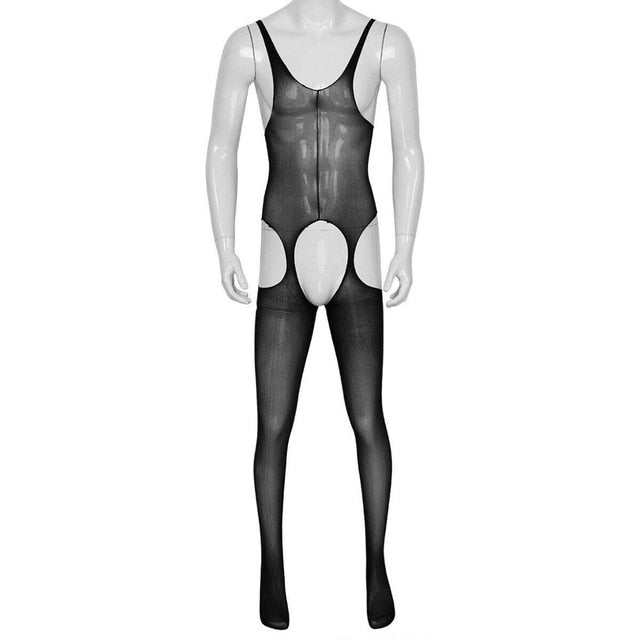 Black men specific suspender style bodystocking features an open crotch, mesh bodice and thigh high. 