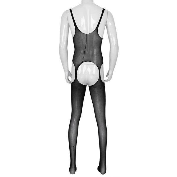 Black men specific suspender style bodystocking features an open crotch, mesh bodice and thigh high. 