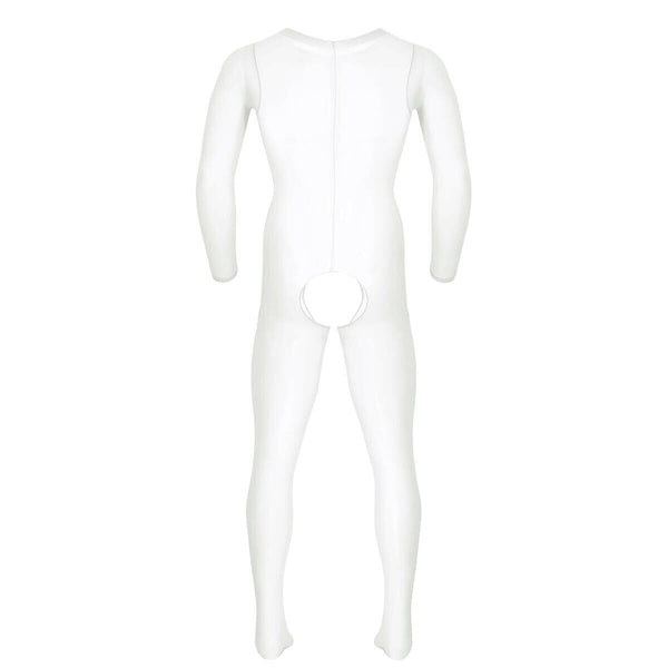 White men specific bodystocking features a scoop neckline, an open crotch, mesh bodice and long sleeves 