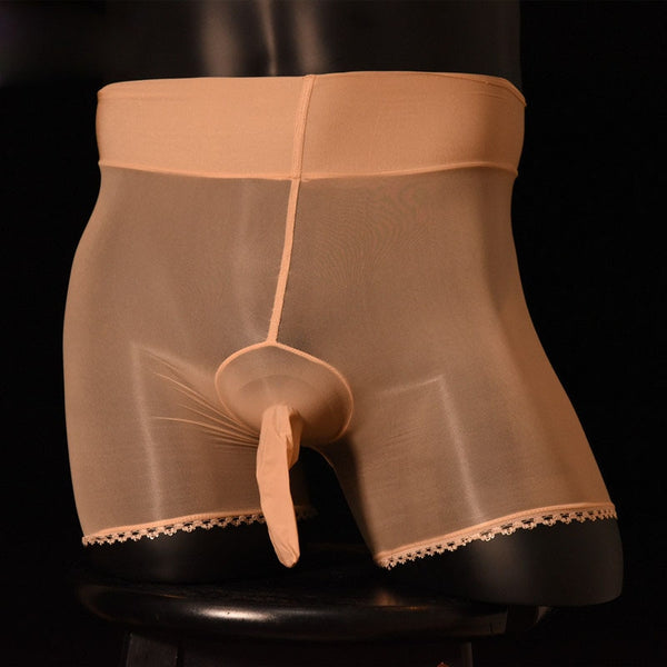 Front view of men's sheer beige shiny nylon boxer brief with penis sheath.