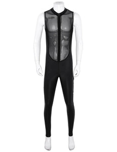 Front view of men's black bodysuit featuring a front and back mesh bodice, and a front to the crotch zipper closure.