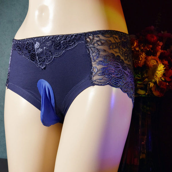 Front view of men's blue sheer lace briefs with support pouch.