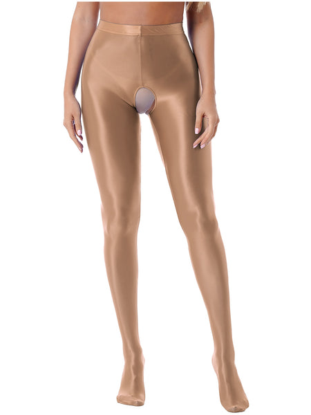 Front view of lady wearing wet look brown pantyhose with an open crotch.