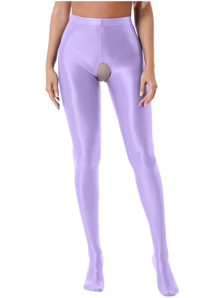 Front view of lady wearing wet look light purple pantyhose with an open crotch.