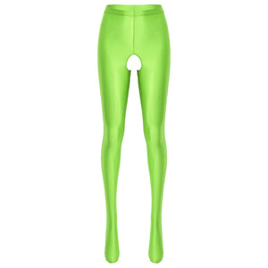 Front view of wet look lumi green pantyhose with an open crotch.