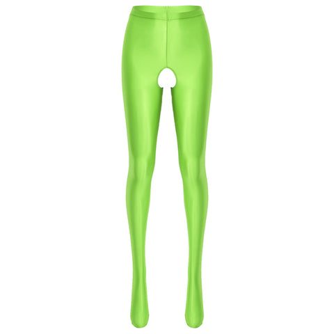 Front view of wet look lumi green pantyhose with an open crotch.