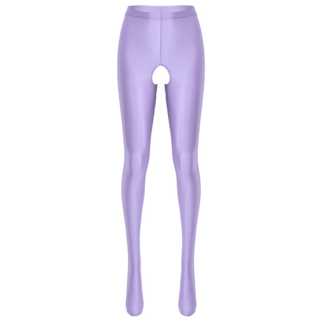 Front view of light purple wet look pantyhose with an open crotch.