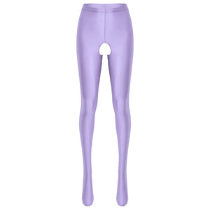 Front view of light purple wet look pantyhose with an open crotch.