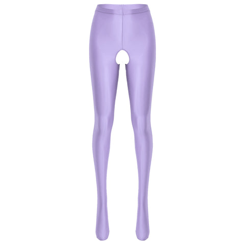 Front view of light purple wet look pantyhose with an open crotch.