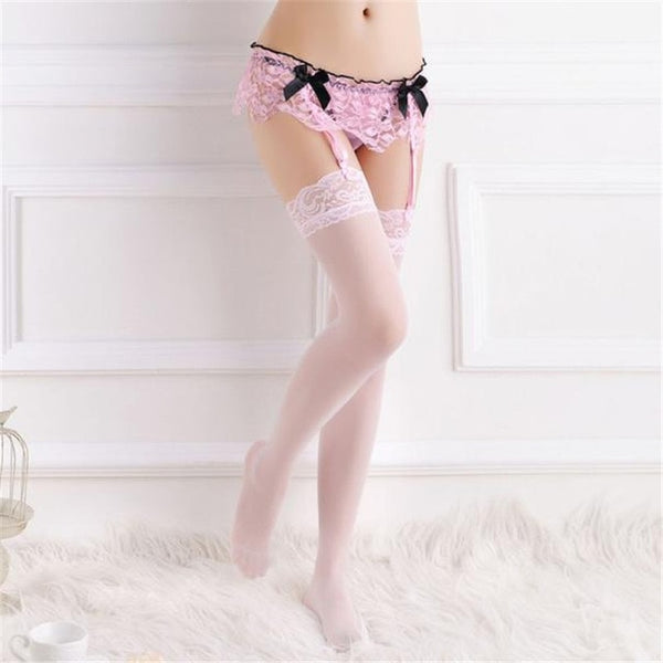 Pink Floral Lace Ribbon Garter Belt