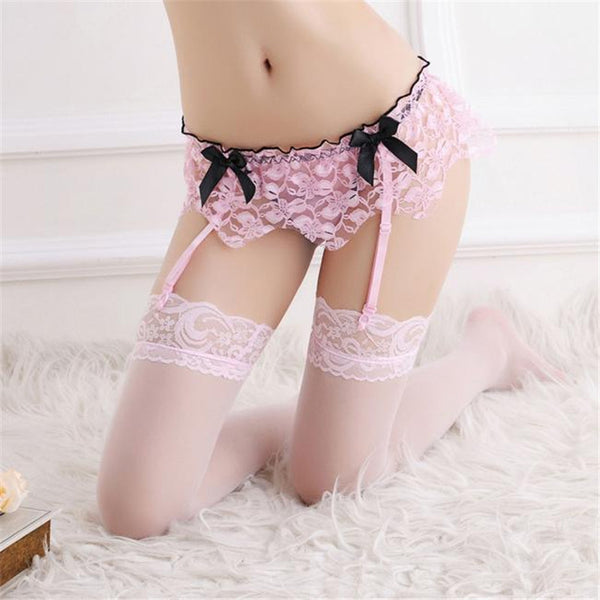 Pink Floral Lace Ribbon Garter Belt