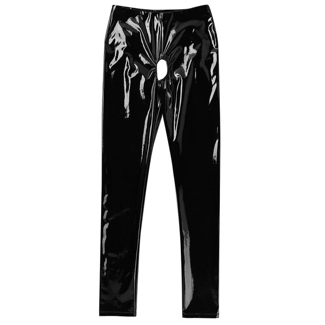 Black Wet Look Kinky Shiny Vinyl Legging featuring an open crotch