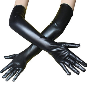 Black Latex Leather Wet Look Above Elbow Gloves